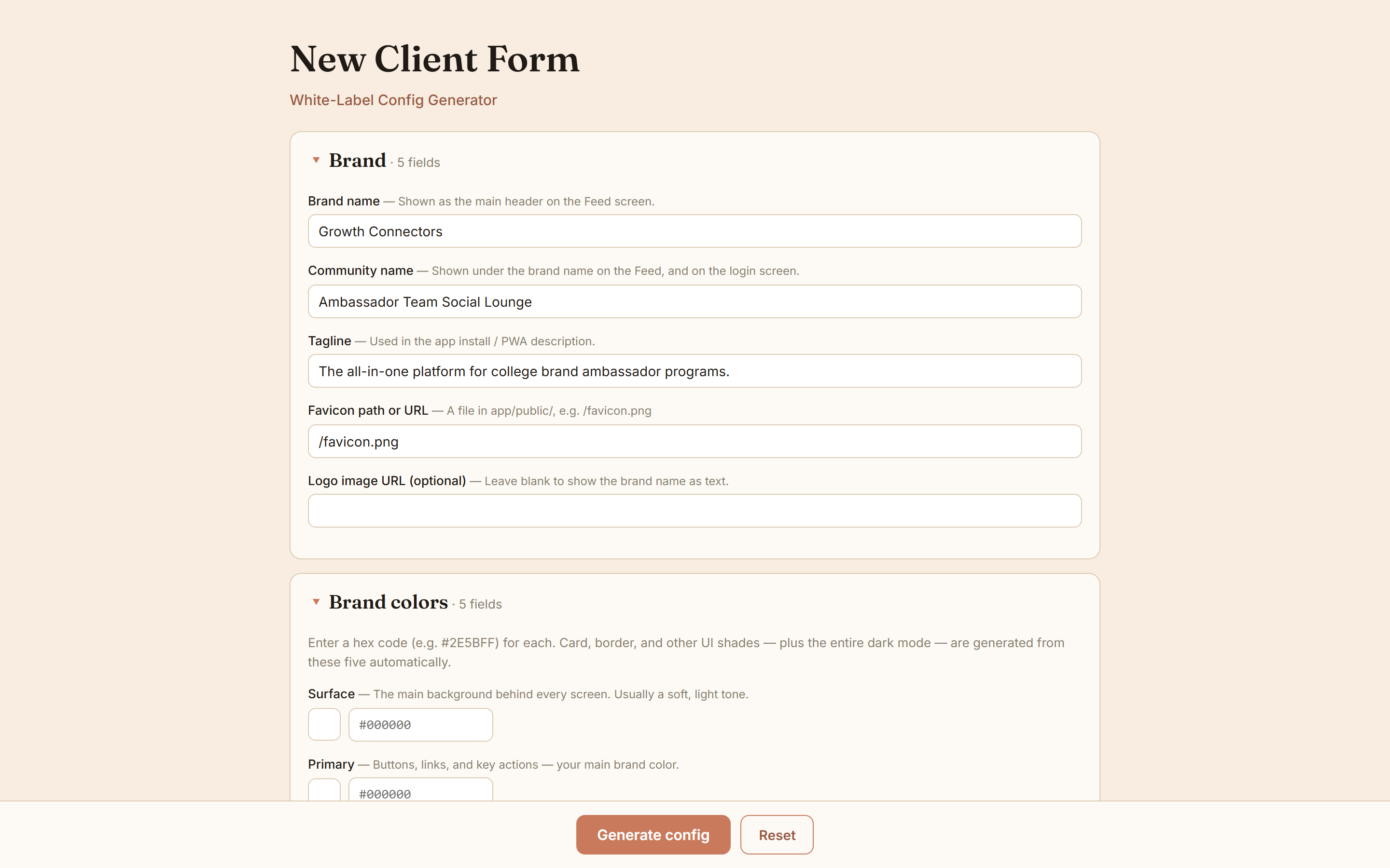 Growth Connectors white-label new client configuration form
