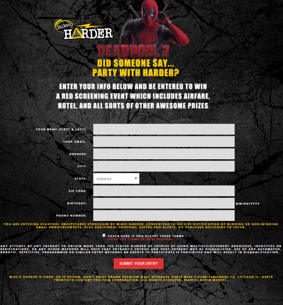 Mike's Harder Deadpool 2 sweepstakes landing page